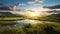 Serene 3d Digital Rendering Of A Beautiful Sunrise Over Green Wheat Fields