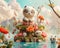 A serene 3D illustration of a floating island where adorable cartoon cats enjoy a peaceful, dreamlike environment among blossoming