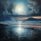 Serene abstract landscape with iridescent moon and reflective sea