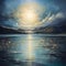 Serene abstract landscape with iridescent moon and reflective sea