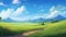 Serene Anime Art: Majestic Mountains, Green Fields, And Cloudy Skies