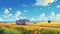 Serene Anime Art: Yellow Bus Driving Through Expansive Fields