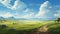 Serene Anime Artwork Of Grassy Land With Trees And Clouds