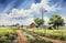 Serene Anime Landscape: Country Farm With Windmill And Dirt Road