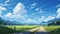 Serene Anime Painting Of Mountain Roads And Clouds