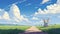 Serene Anime Scene: Mouse Walking On Path In Field With Clouds