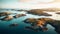 Serene Archipelago: A Captivating Aerial View Of Rocky Islands At Sunset