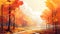 Serene Autumn Landscape Illustration With Colorful Leaves Falling
