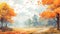 Serene Autumn Landscape Painting With Colorful Falling Leaves