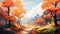 Serene Autumn Landscape: Vibrant Manga Style Painting With Warm Tones