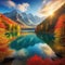 Serene autumn mountain forest with a picturesque lake immersed in vibrant colors and volumetric light