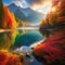 Serene autumn mountain forest with a picturesque lake immersed in vibrant colors and volumetric light