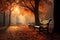 Serene autumn park scene, with sunbeams filtering through fog