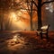 Serene autumn park scene, with sunbeams filtering through fog