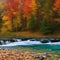 A serene autumn scene with colorful foliage, gentle falling leaves, and a peaceful river4, Generative AI