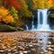 A serene autumn scene with colorful foliage, gentle falling leaves, and a peaceful river5, Generative AI