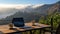 Serene backyard office with mountain view remote work and freelance lifestyle with 5g internet