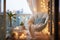 serene balcony with a papasan chair and fairy lights