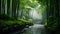 A serene bamboo forest, with towering green stalks as the background, during a misty morning