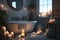 a serene bathroom, with candles and bubbles, for a relaxing soak