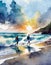 Serene beach scene with two surfers at sunset, rendered in watercolor style