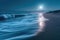 A serene beach scene where a full moon shines brightly, casting its light over the calm ocean waters, A moonlit beach with gently