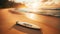 Serene Beach Sunset with Vintage Surfboard and \\\'PARADISE\\\' - AI Generated