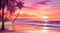 Serene beach at sunset with waves gently lapping the shore, palm trees swaying in the breeze. Seascape pink background