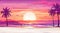 Serene beach at sunset with waves gently lapping the shore, palm trees swaying in the breeze. Seascape pink background