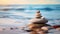 Serene Beach Zen Stones Stacked in Balance. Generative ai