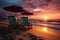 Serene beachscape adorned with loungers, umbrella, and a colorful sunset sky