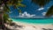 Serene Beachscape, Tropical Paradise With Palm Trees, Turquoise Ocean And White Sand At Blue Cloudy Sky On A Sunny Day -