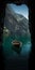 Serene Beauty: A Boat Emerging From A Cave Over Water And Mountains