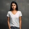 Serene beauty, photographic model enhancing v-neck tee with a gorgeous background