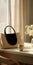 Serene Beauty: A Stunning Light Beige And Black Purse On A Table