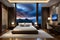 A serene bedroom with a canopy bed, billowing curtains, and a moonlit view