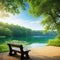 serene bench overlooking a scenic lake surrounded by lush