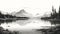 Serene Black And White Mountain Lake Scene Illustration