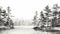 Serene Black And White Pine Tree Sketch On Water