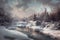 A serene and breathtaking winter scene depicting a frozen river and forest, showcasing the stillness and tranquility of the winter