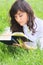 Serene brunette reading book on grass