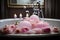 serene bubble bath with rose-scented foam on the water