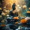 Serene buddha amidst flowers, a peaceful oasis, Generative AI