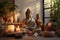 A serene Buddha statue sits peacefully on top of a rustic wooden table, A peaceful home meditation studio with candles and buddha