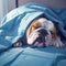 Serene bulldog snoozes beneath a cozy blanket, blissfully at rest