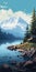 Serene Cabin By The Blue Lake - Painting Style Landscape Image