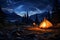 Serene camping scene at night, where a warm and inviting campfire flickers under a sky filled with countless twinkling stars. Ai