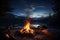 Serene camping scene at night, where a warm and inviting campfire flickers under a sky filled with countless twinkling stars. Ai