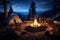 Serene camping scene at night, where a warm and inviting campfire flickers under a sky filled with countless twinkling stars. Ai