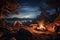 Serene camping scene at night, where a warm and inviting campfire flickers under a sky filled with countless twinkling stars. Ai